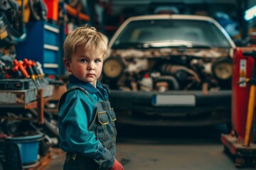 Young boy wearing denim overalls standing in a classic car workshop with a serious expression. Displaying confidence and ambition as he learns mechanical skills and engages in auto repair with tools