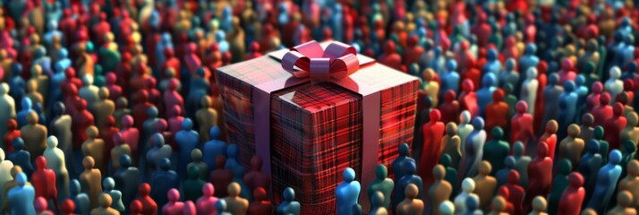 Obraz premium Concept or conceptual large community of people as the image of a present wrapped in a box. A 3d illustration metaphor for celebration, birthday, anniversary, holiday, christmas, surprise, friendship