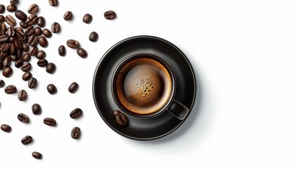 Black cup of coffee on white background with scattered coffee beans.
