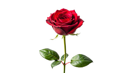 Single red rose long stem vertical stand pose isolated on transparent background 