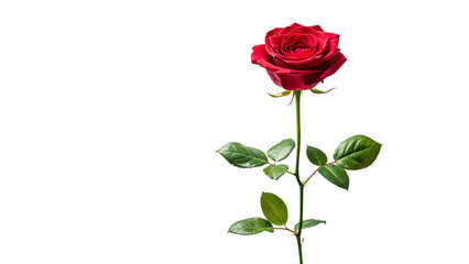 Single red rose long stem vertical stand pose isolated on transparent background 
