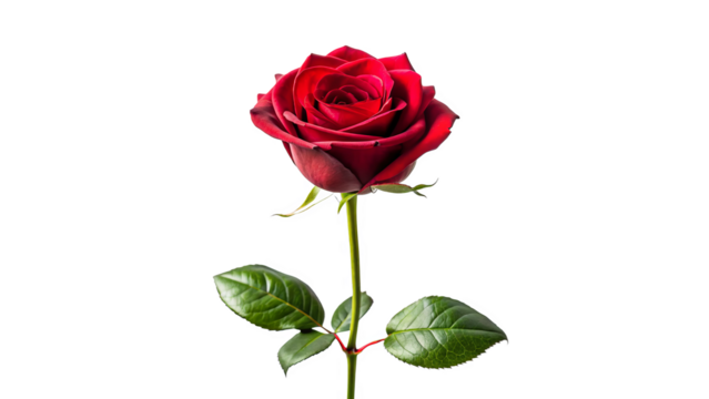 Single red rose long stem vertical stand pose isolated on transparent background 