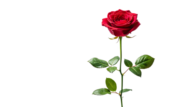 Single red rose long stem vertical stand pose isolated on transparent background 