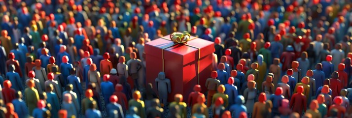 Obraz premium Concept or conceptual large community of people as the image of a present wrapped in a box. A 3d illustration metaphor for celebration, birthday, anniversary, holiday, christmas, surprise, friendship