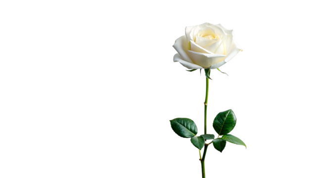 Single white rose long stem vertical stand pose isolated on transparent background 