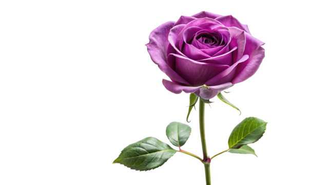 Single purple rose long stem vertical stand pose isolated on transparent background 