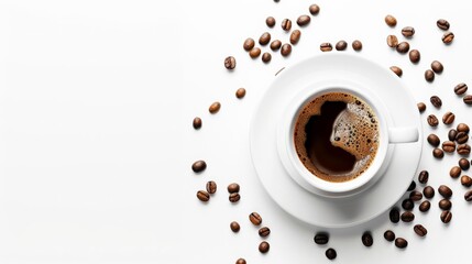 White cup of coffee on white background with scattered coffee beans.