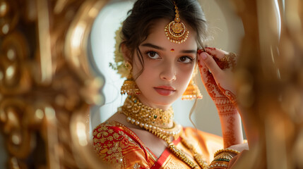 Beautiful indian girl looking in mirror. Young hindu woman model with tatoo mehndi and gold jewelry. Traditional Indian costume..
