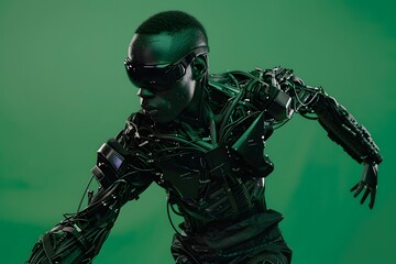 Naklejka premium 3D illustration of cyberpunk character on green screen. cyborg, humanoid, robot.
