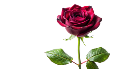 Single burgundy rose long stem vertical stand pose isolated on transparent background 