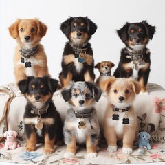 Many puppies sitting on a blanket art photo harmony card design illustrator.