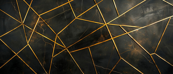 Abstract art with thin gold lines on black background in orderly pattern.