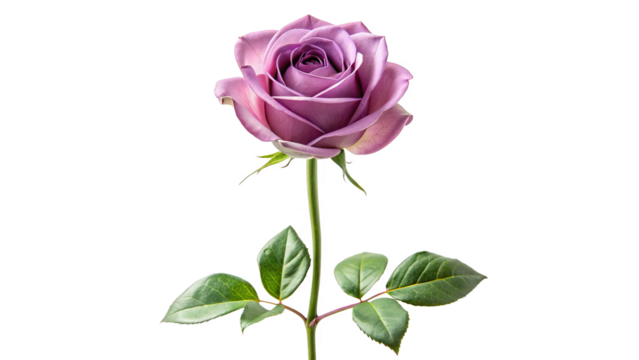 Single mauve rose long stem vertical stand pose isolated on transparent background 