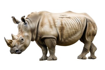 Fototapeta premium A powerful rhino standing on a white surface. Perfect for wildlife and nature themes