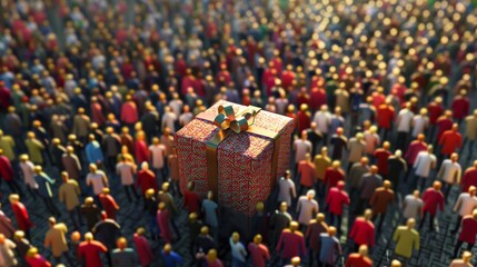 Concept or conceptual large community of people as the image of a present wrapped in a box. A 3d illustration metaphor for celebration, birthday, anniversary, holiday, christmas, surprise, friendship