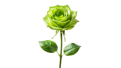 Single green rose long stem vertical stand pose isolated on transparent background 