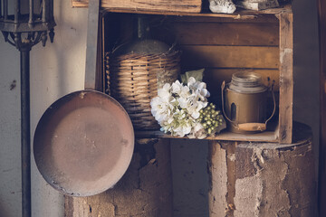 old rustic decoration with a wooden box and white flowers