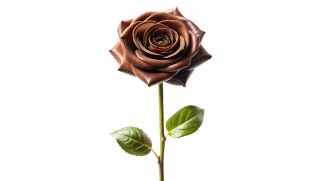 Single chocolate rose long stem vertical stand pose isolated on transparent background 