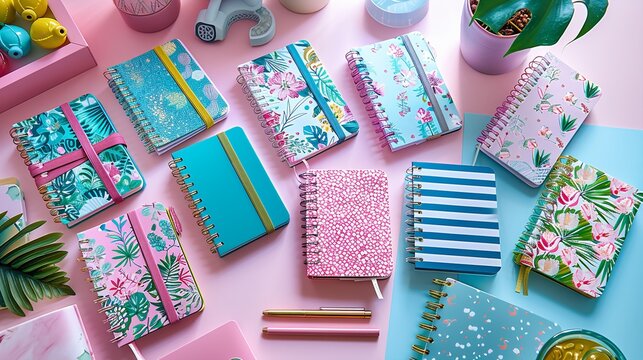 Colorful Lilly Pulitzer notebooks placed neatly on a vibrant pink background