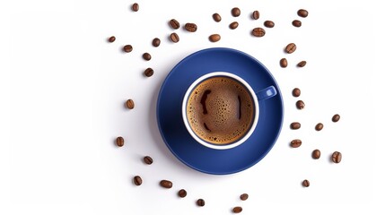 Blue cup of coffee on a white background, surrounded by coffee beans.