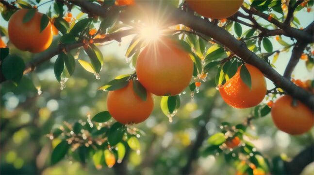 Close up shot of fresh oranges and orange trees in the farm with sunlight shines through