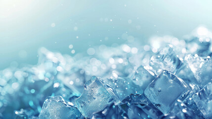 Close-up of sparkling ice cubes with water droplets on a gradient blue backdrop, symbolizing freshness, coolness, and purity