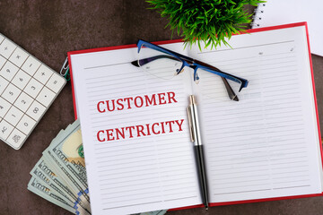 Client centricity business orientation. Customer first concept. Inscription: CUSTOMER CENTRICITY on...