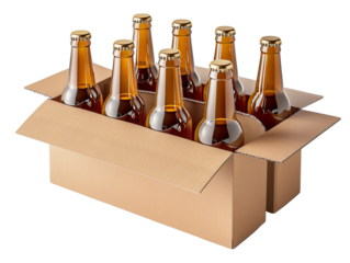 Cardboard box with amber glass beer bottles, sealed with caps, representing packaging and beverage storage cut out isolated Transparent PNG Elements