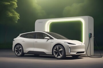 White electric car connected to power station charger
