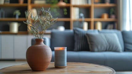 Close up of clay vase with twigs and candle on wooden table near grey sofa against bookcase. Minimalist interior design of modern living room, home.