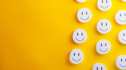Fototapeta premium Smiling face icons on yellow background, positive mood concept with copy space