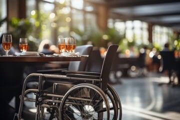 Disabled people in wheelchairs laugh and talk at dinner parties with Disability benefits