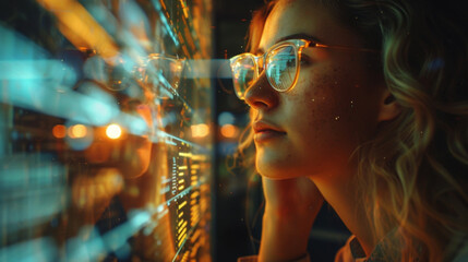 Young team analyzing startup metrics in urban office setting on transparent screen.