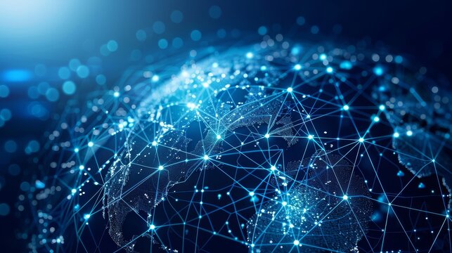 3D of a business network concept showing people around the globe connected by lines on a dark blue background A business team working online using technology for a global