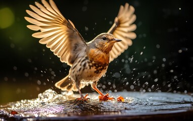 European Robin taking flight from a garden birdbath, splashes of water, dynamic motion shot