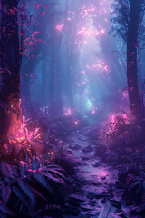 Explore an otherworldly forest with neon-lit paths and glowing plants.