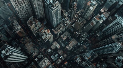 Craft a haunting dystopian cityscape from a birds-eye view, using abstract art to convey chaos and gloom with harsh lines, dark hues, and distorted shapes
