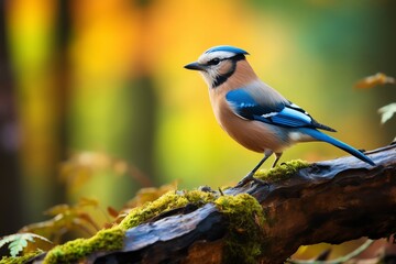 Profile of a Eurasian Jay with blue and black plumage in a dense forest setting