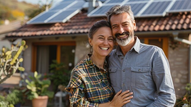 a happy couple standing in front of their house with solar panels on the roof, photo realistic, canon eos r5