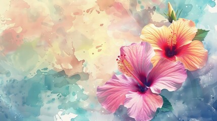 Obraz premium Beautiful artistic background with watercolor textured hibiscus tropical flowers
