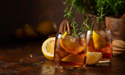 Iced tea or cocktail with ice, rosemary and lemon slices on the old brown table.