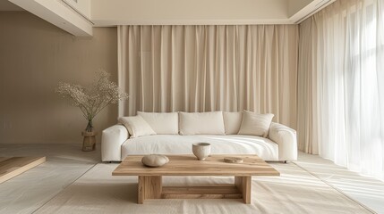A minimalist living room with a sleek white sofa