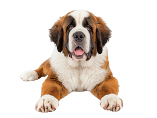 Saint Bernard dog lying down and looking directly at the camera, showcasing its large size, fluffy coat, and friendly expression, symbolizing companionship and loyalty cut out isolated transparent PNG