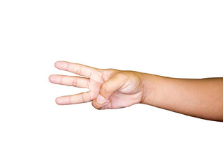 Human hand isolated on a white background with clipping path.
Put hand up show three fingers.