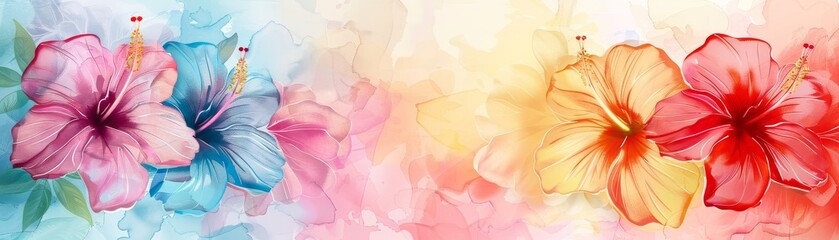Beautiful artistic background with watercolor textured hibiscus tropical flowers