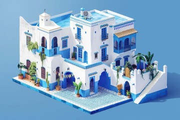 Modern blue and white building with a pool, ideal for real estate concepts