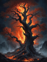 Majestic Tree Illuminated by Fiery Glow Against Night Sky