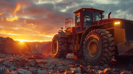Earthmover operating on a construction site at sunset.