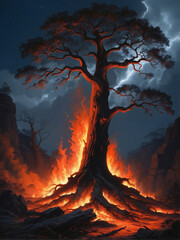 Majestic Tree Illuminated by Fiery Glow Against Night Sky