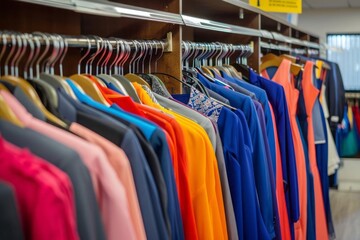 Colorful dresses and suits on hangers against the clean interior of a professional dry cleaning service